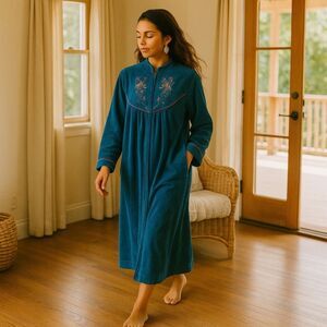 Vtg 70s Saybury Teal Velour Zip Robe M/L Grandmacore Floral Embroidery | Pockets